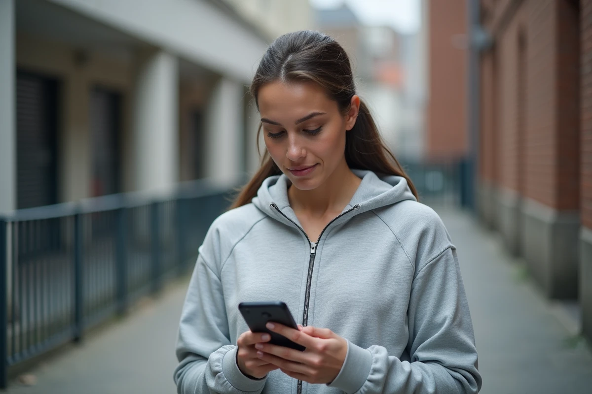 Une femme acc&eacute;dant &agrave; son espace Footclub FFF sur mobile devant une installation sportive en milieu urbain