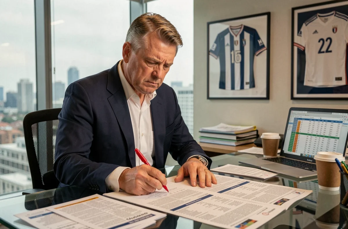 Agent de football analysant des documents de transfert du FC Barcelone dans un bureau moderne