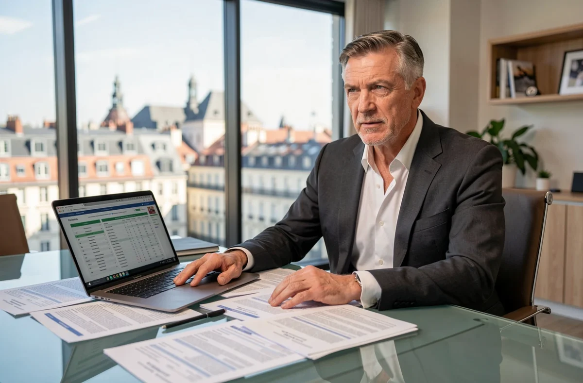 Agent de football négociant un contrat de transfert dans un bureau moderne avec vue sur une ville européenne