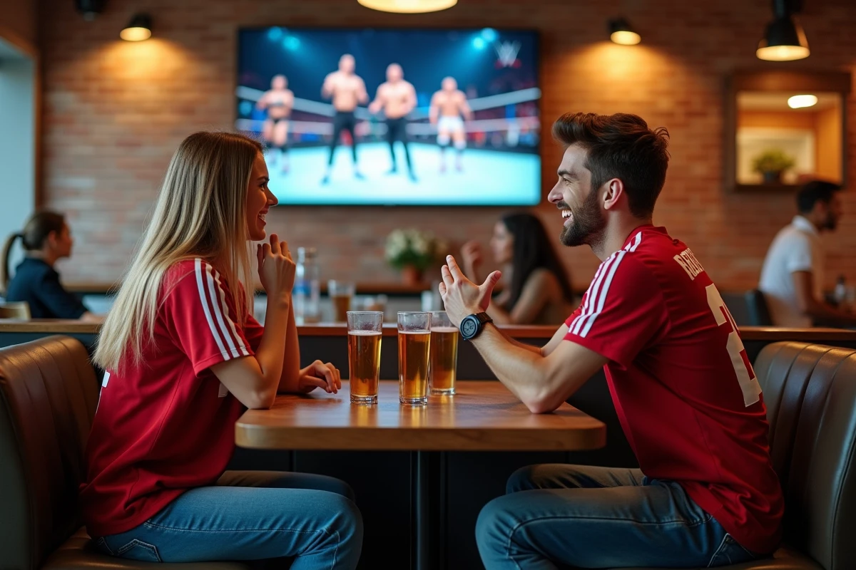 Deux amis regardant un événement de lutte au café