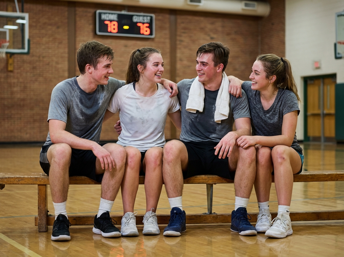 Amis assis sur un banc après un match de basket