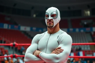 L'Ange blanc catcheur masqué en costume blanc dans un ring de catch français