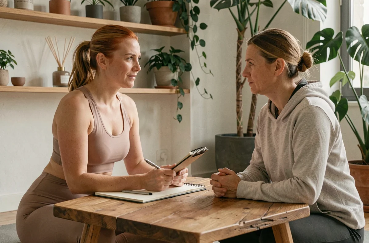 Angélique Alaimo, coach spécialisée burn-out à Lyon, en séance d'écoute bienveillante avec une cliente dans un studio bien-être