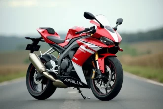 Aprilia RS 125 rouge et blanche garée sur route asphaltée, vue de face en angle bas mettant en valeur le carénage sportif