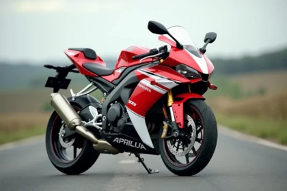 Aprilia RS 125 rouge et blanche garée sur route asphaltée, vue de face en angle bas mettant en valeur le carénage sportif