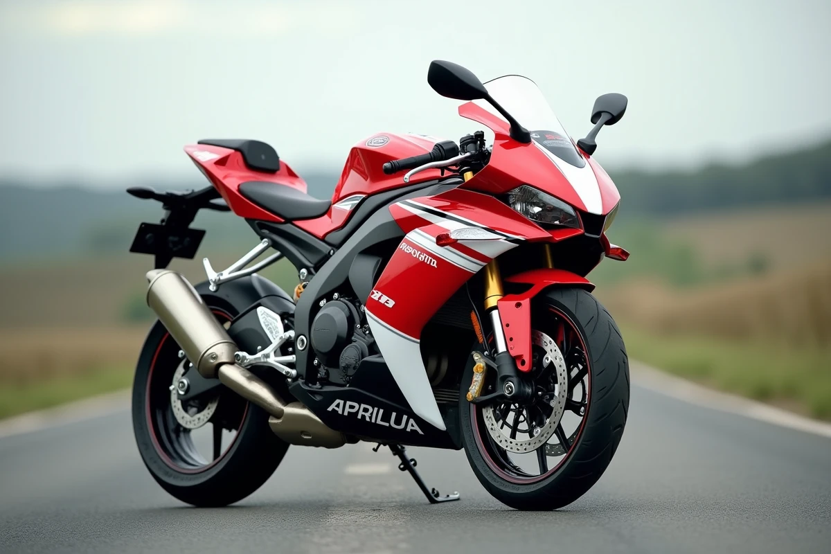 Aprilia RS 125 rouge et blanche garée sur route asphaltée, vue de face en angle bas mettant en valeur le carénage sportif
