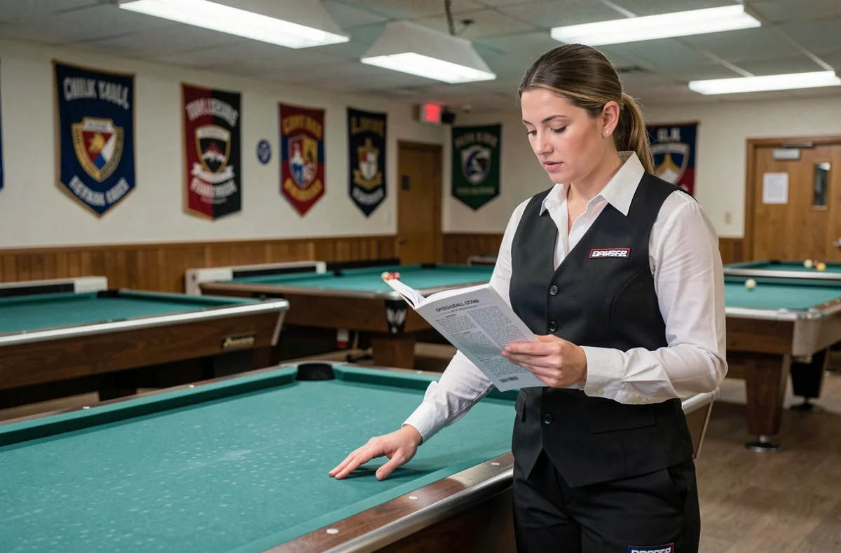 Arbitre de billard consultant le règlement officiel 2026 pour vérifier le placement des boules