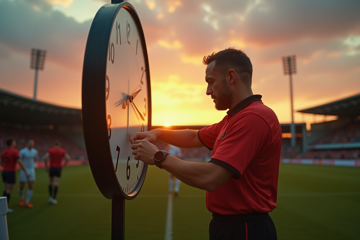 Arbitre de rugby vérifiant une horloge au coucher du soleil