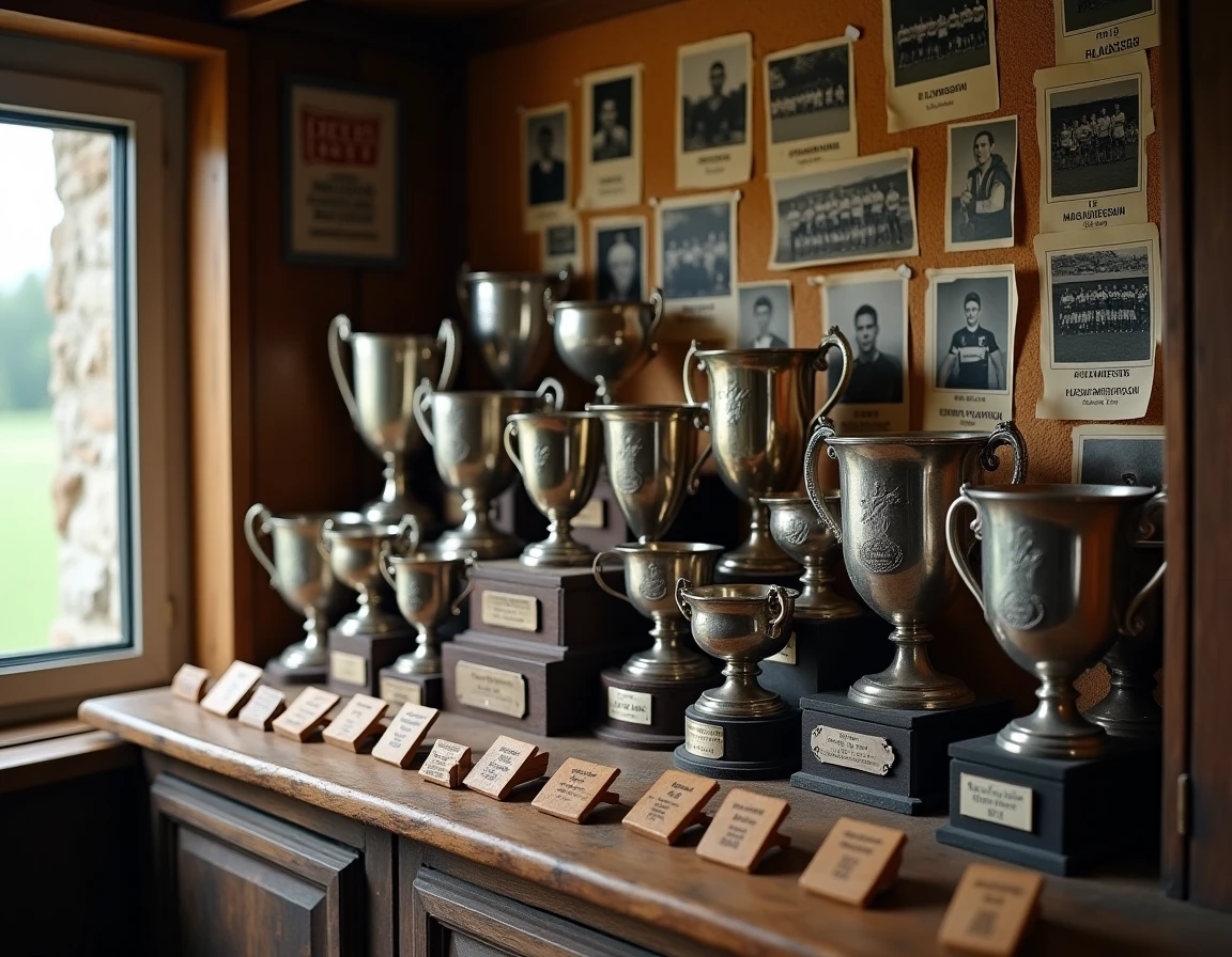 Armoire à trophées d'un club de rugby français dans une salle des supporters, retraçant l'ascension du club à travers les divisions