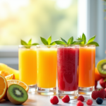 Verres de jus de fruits frais sur un plan de travail lumineux
