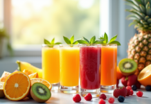 Verres de jus de fruits frais sur un plan de travail lumineux