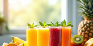 Verres de jus de fruits frais sur un plan de travail lumineux
