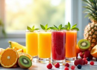 Verres de jus de fruits frais sur un plan de travail lumineux