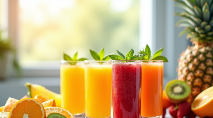 Verres de jus de fruits frais sur un plan de travail lumineux