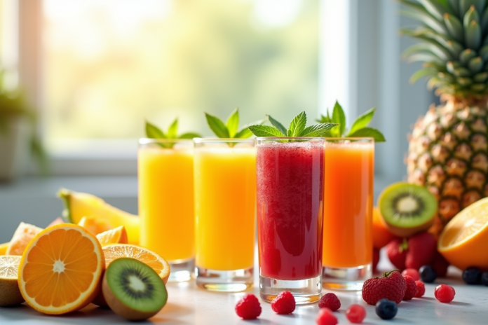 Verres de jus de fruits frais sur un plan de travail lumineux