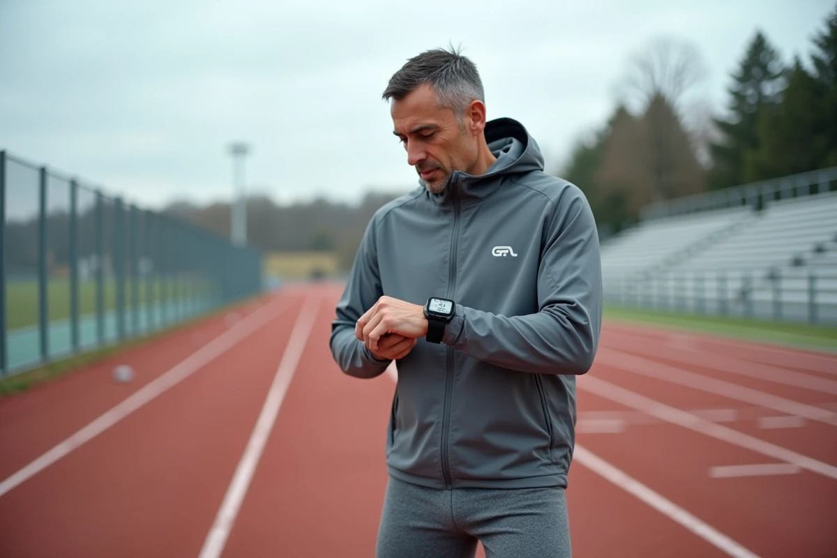 Athlète vérifiant ses allures de semi-marathon sur sa montre GPS sur une piste d'athlétisme
