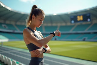 Jeune athlète en course avec montre connectée sur piste moderne