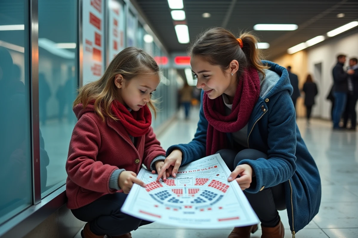 Mère et fille consultant un plan de stade au guichet de billetterie FFR pour le Tournoi des 6 Nations 2026