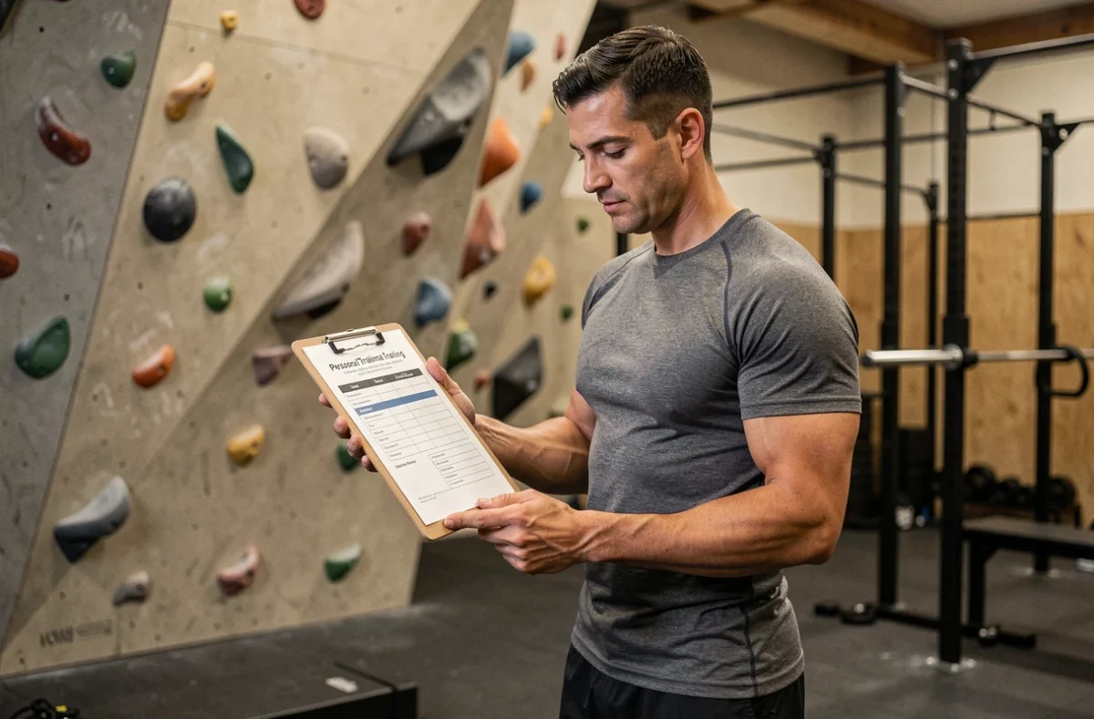 Coach personal training de BoulderGain Coaching Rhône consultant un programme d'entraînement dans une salle spécialisée à Lyon
