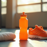 Bouteille d'eau sportive orange sur le sol de gym
