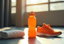 Bouteille d'eau sportive orange sur le sol de gym