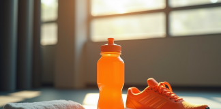 Bouteille d'eau sportive orange sur le sol de gym