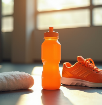 Bouteille d'eau sportive orange sur le sol de gym