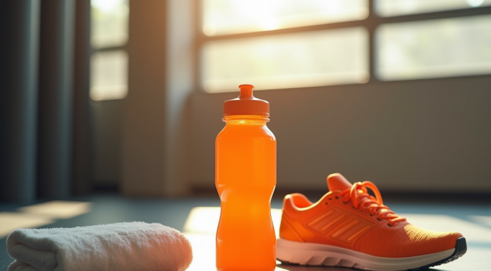 Bouteille d'eau sportive orange sur le sol de gym
