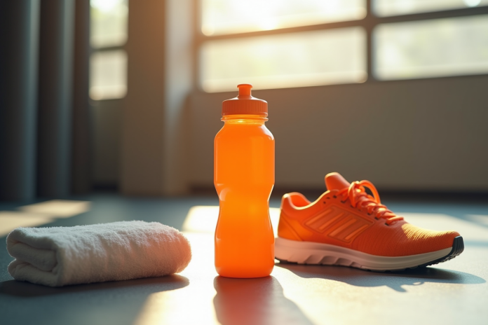 Bouteille d'eau sportive orange sur le sol de gym