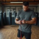 Comment choisir la meilleure corde à sauter pour la boxe Boxeur concentré ajustant sa corde dans une salle de gym