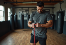 Comment choisir la meilleure corde à sauter pour la boxe Boxeur concentré ajustant sa corde dans une salle de gym