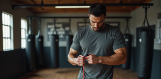 Comment choisir la meilleure corde à sauter pour la boxe Boxeur concentré ajustant sa corde dans une salle de gym