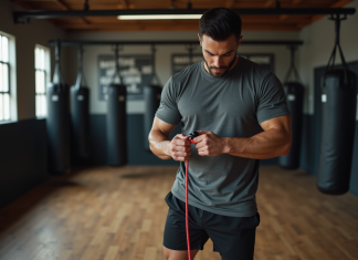Comment choisir la meilleure corde à sauter pour la boxe Boxeur concentré ajustant sa corde dans une salle de gym