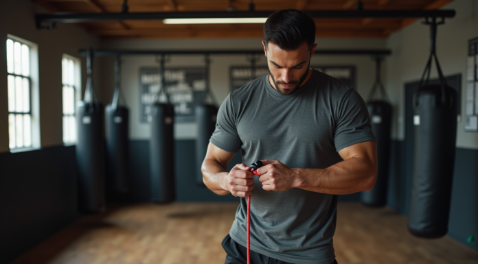 Comment choisir la meilleure corde à sauter pour la boxe Boxeur concentré ajustant sa corde dans une salle de gym