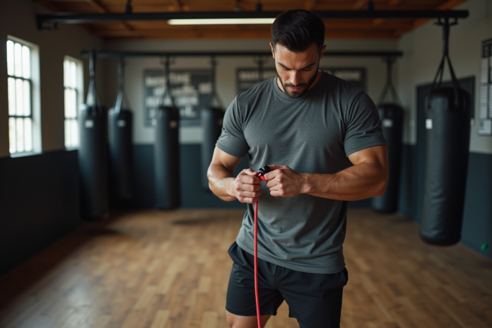 boxeur-concentration-salle-gym Boxeur concentré ajustant sa corde dans une salle de gym