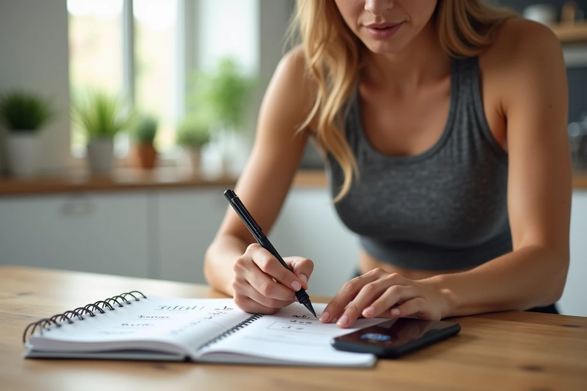 Femme athlète calculant la conversion km/h en min/km sur un carnet avec une application de course sur smartphone
