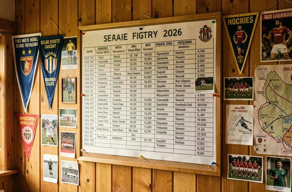 Tableau d'affichage d'un club de rugby avec le calendrier de la saison Fédérale 2 2026 et les horaires des matchs