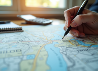 Carte routière avec marqueur de distance en journée