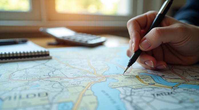 Carte routière avec marqueur de distance en journée