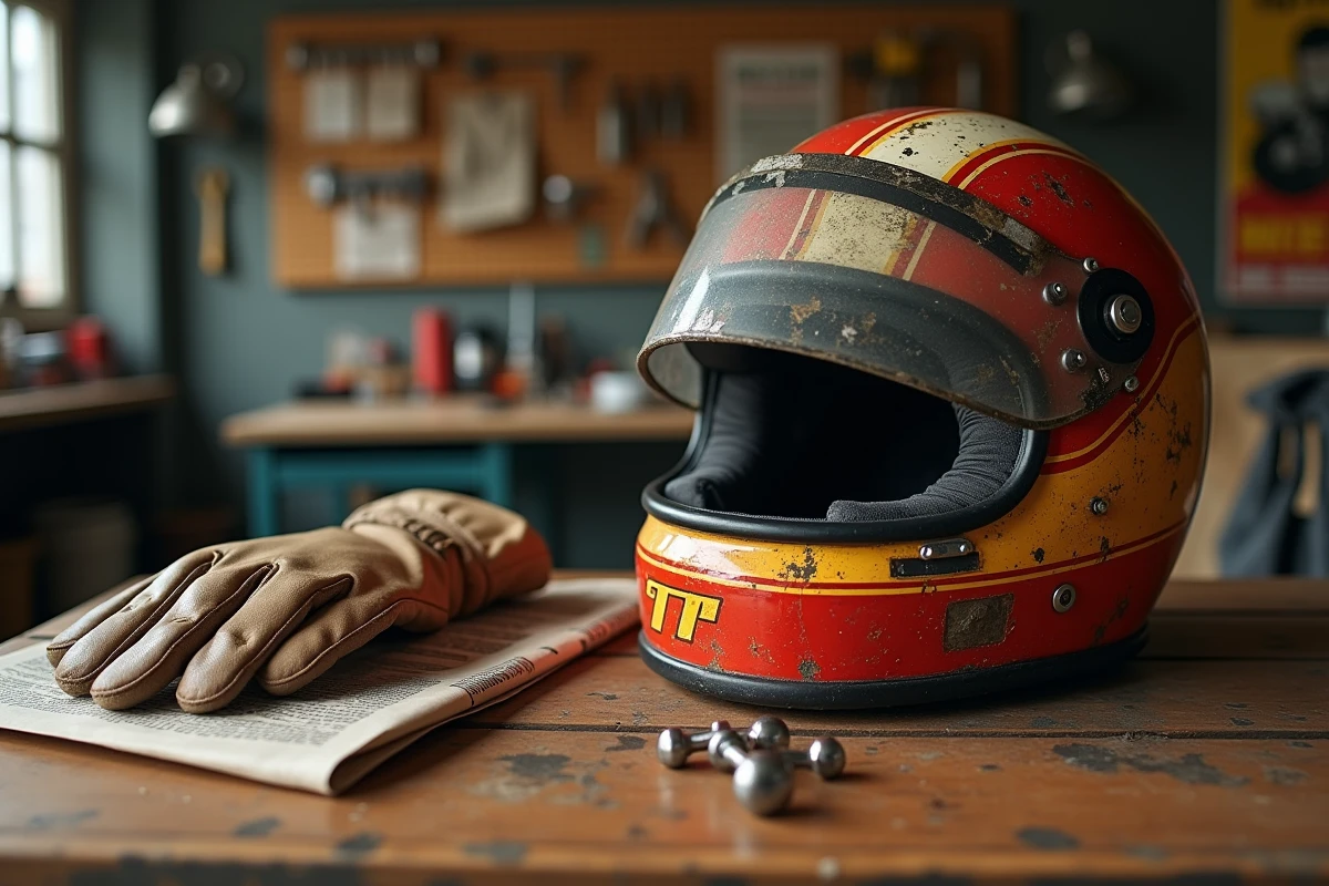 Nature morte avec casque de course vintage des années 1980, gants en cuir et journal posés sur un établi de garage en bois