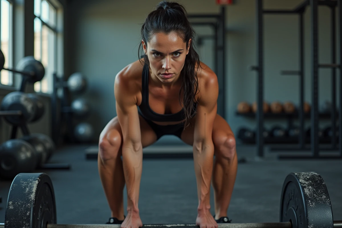 Catcheuse professionnelle réalisant un squat lourd en salle de musculation, illustrant la préparation physique intensive des lutteuses modernes