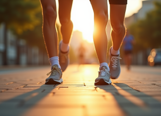 Chaussures de course sur un trottoir urbain ensoleille
