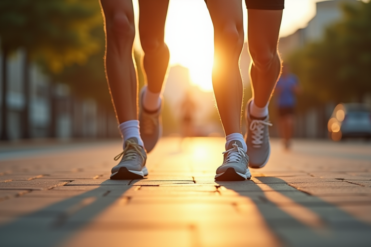 Chaussures de course sur un trottoir urbain ensoleille