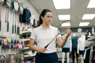 Femme choisissant une raquette de badminton dans un magasin de sport avant de réserver un cours