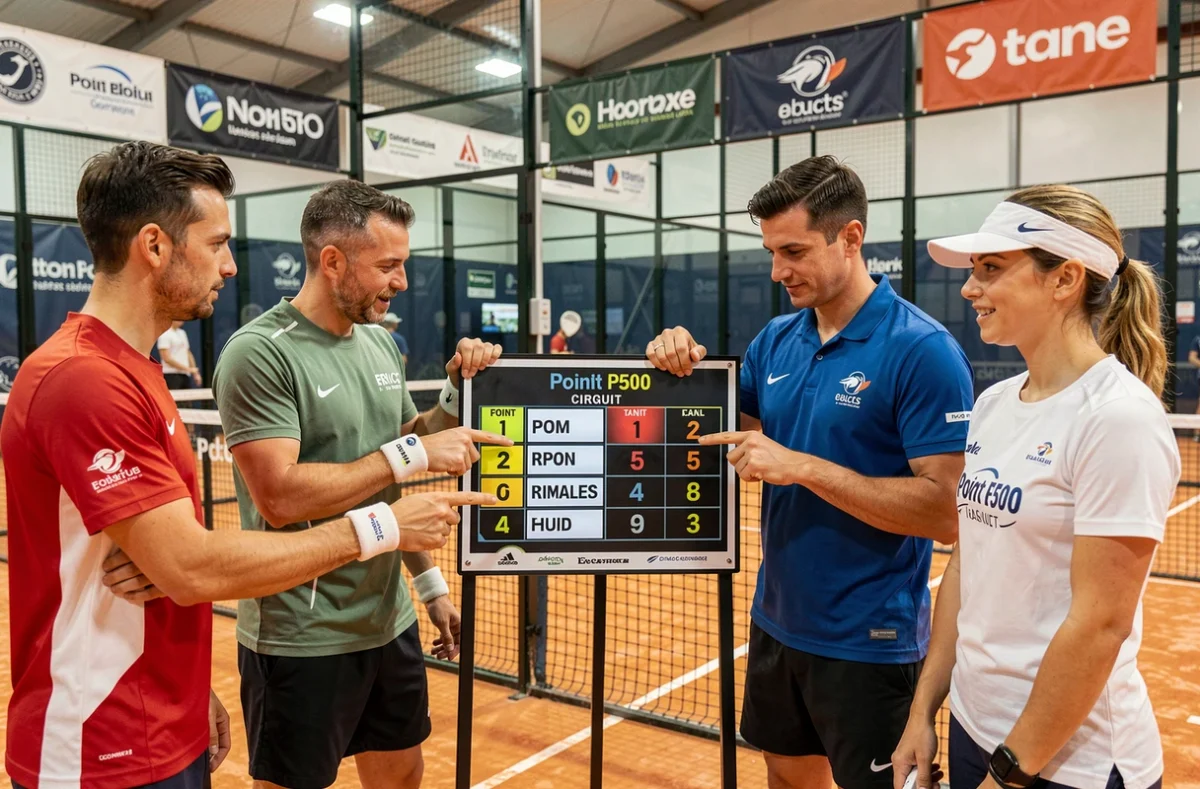 Groupe de joueurs de padel analysant le classement des points lors d'un tournoi Point P500 dans une salle de compétition