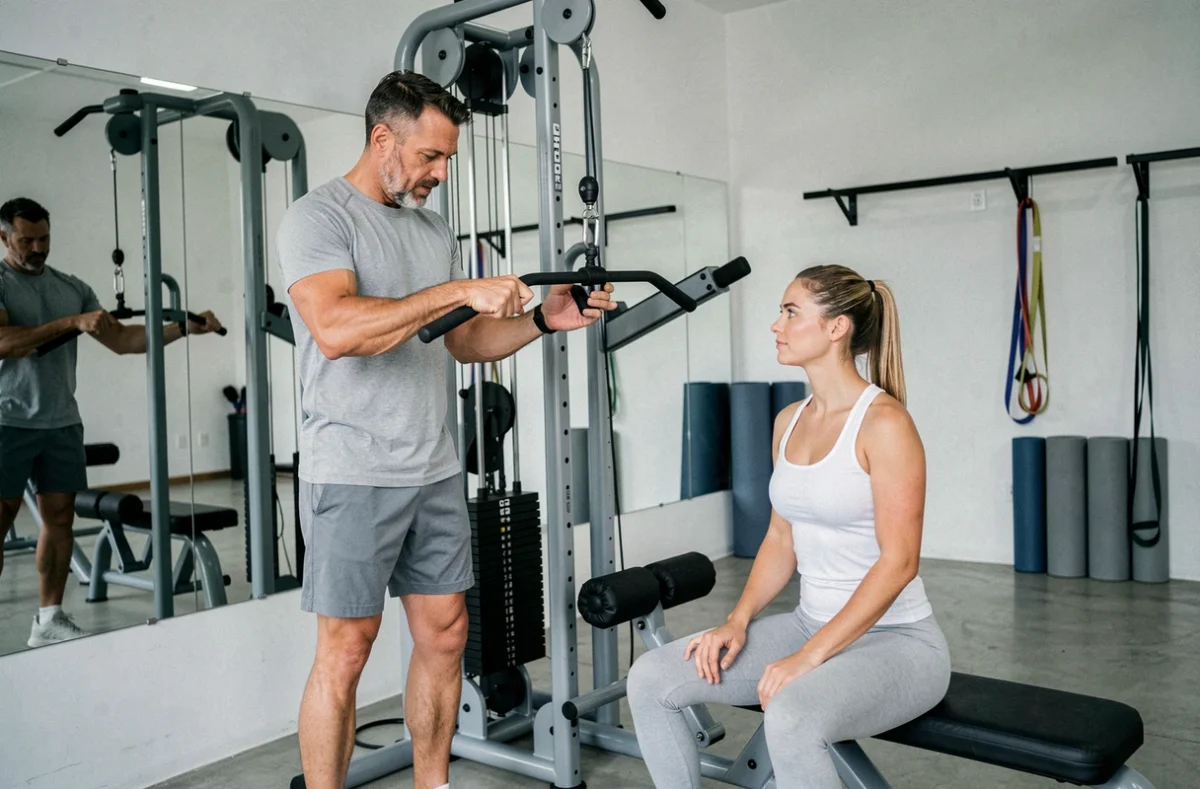 Coach sportif expliquant la prise supination pour le tirage poulie dos à une cliente dans un studio de fitness privé