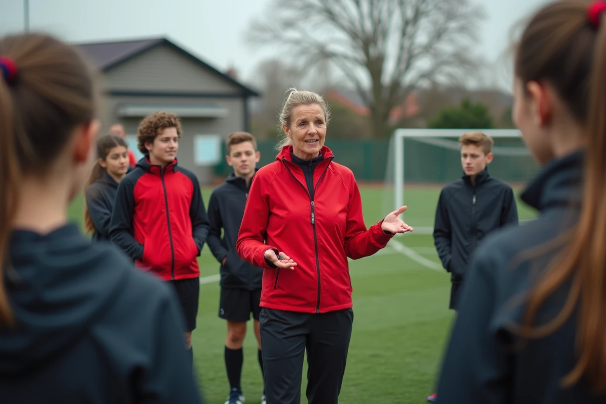 Entraineuse de football donnant des instructions aux jeunes