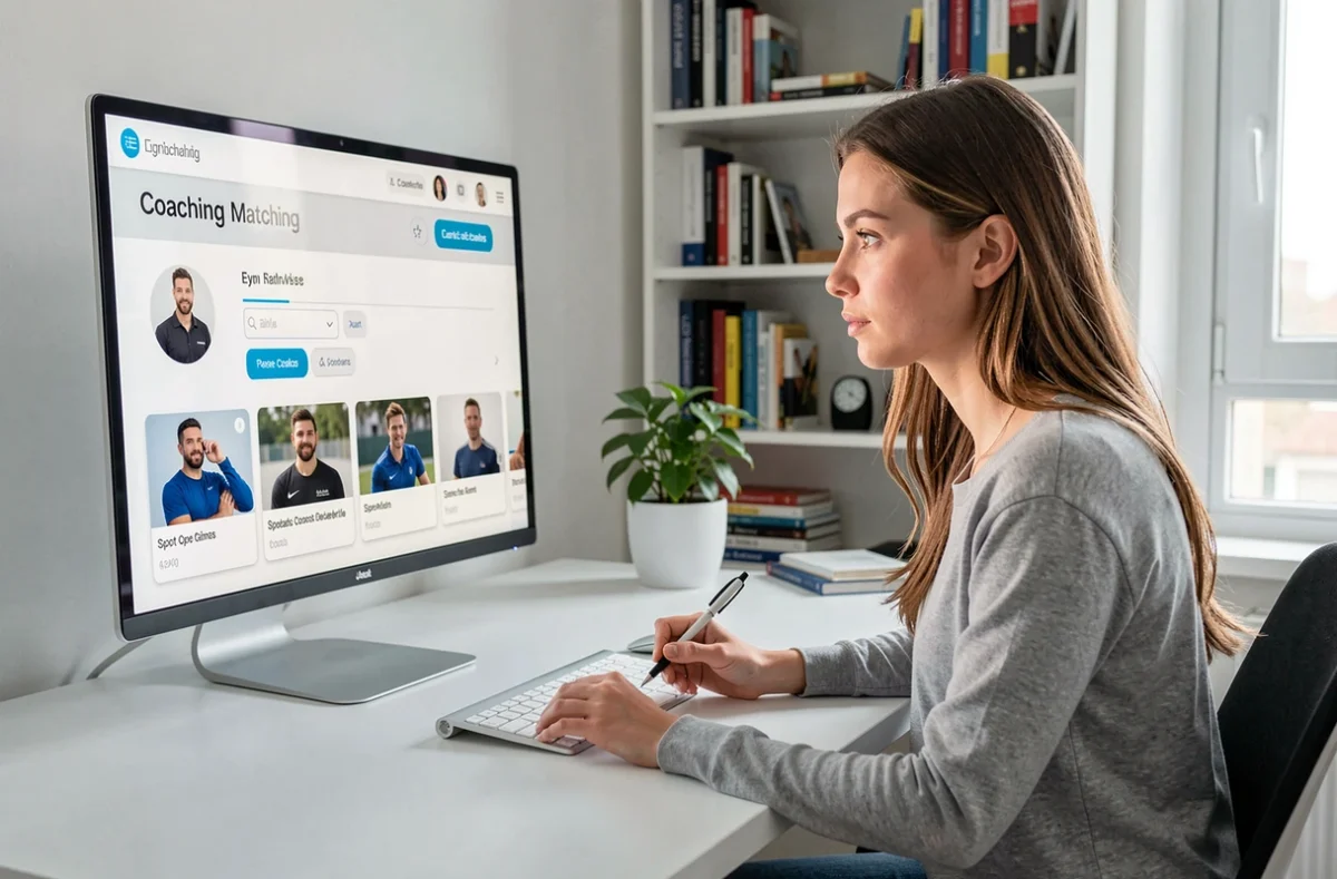 Utilisatrice consultant la plateforme Coach Hunter Rhône sur son ordinateur pour trouver un coach sportif adapté à ses besoins