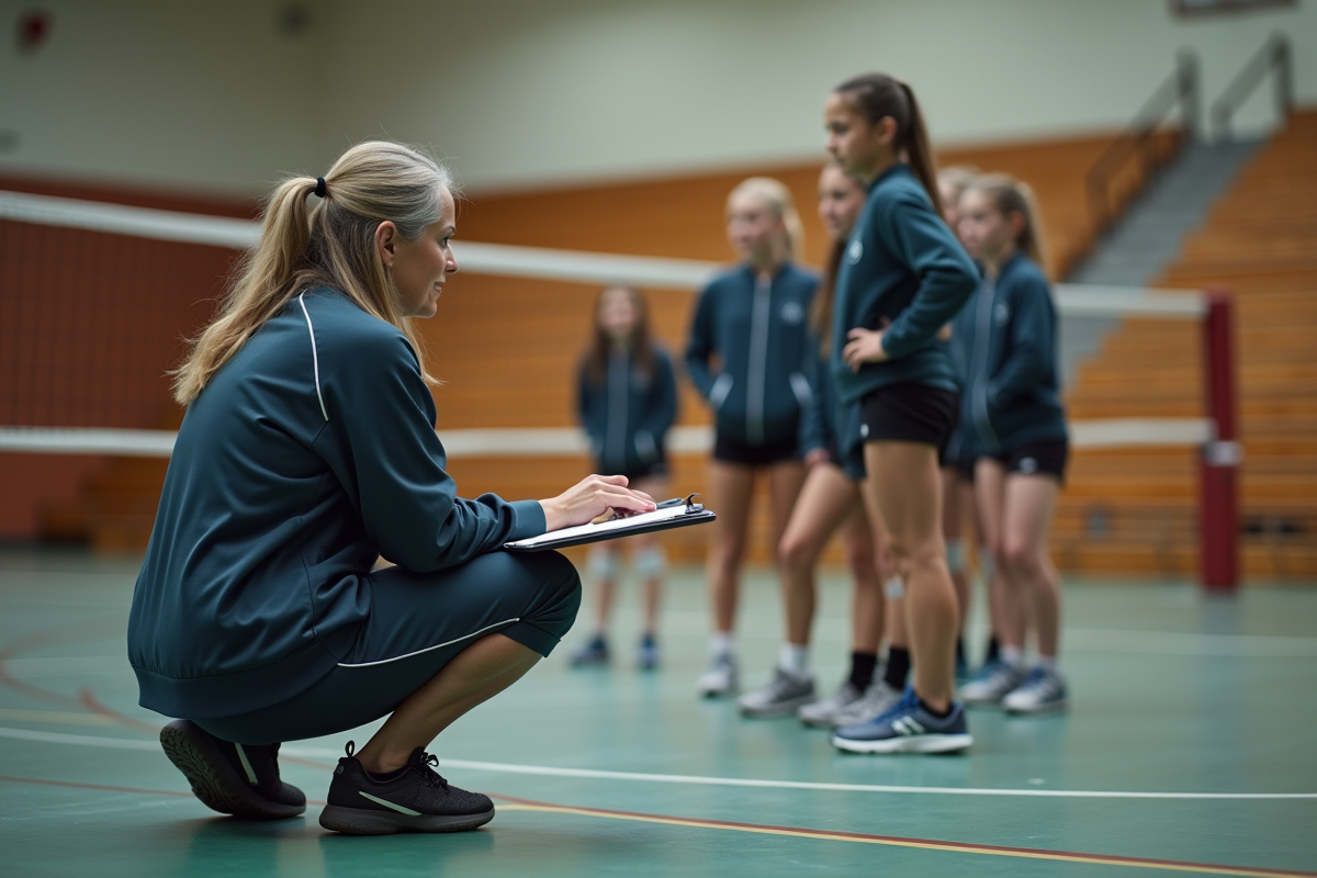 Entraineuse de volleyball expliquant des tactiques à l