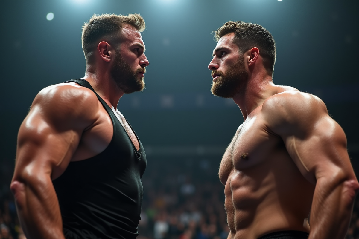 Deux lutteurs face à face avec différence de taille visible